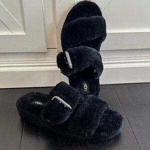 UGG Black Fluffy Slide Sandals
